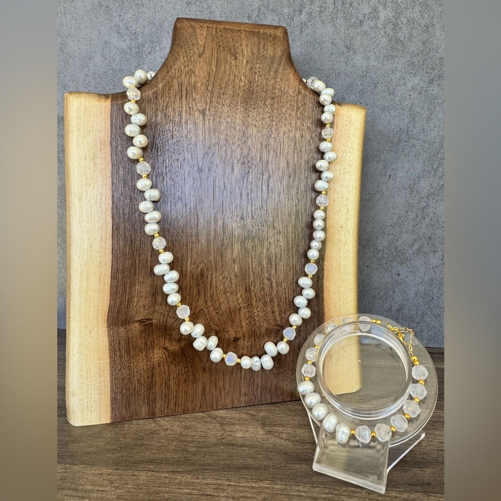 Handmade Freshwater Pearl and AB Glass Necklace and Bracelet Set - Picture 1 of 11